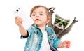 Cute little girl makes selfie with raccoon in sunglasses on phone Royalty Free Stock Photo