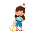 Cute Little Girl in Mariner Striped Vest and Peakless Hat Standing with Anchor Vector Illustration Royalty Free Stock Photo