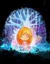 Cute little girl meditating in front of magic surreal tree. Grunge vector illustration.
