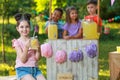 Cute little girl with natural lemonade in park, space for text. Summer refreshing Royalty Free Stock Photo