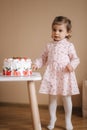 Cute little girl one and a hulf year old stand by delicious birthday cake. Eighteen month old girl verry happy and Royalty Free Stock Photo