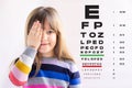 Cute little girl in ophthalmologist`s office. Eye examination Royalty Free Stock Photo
