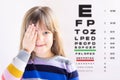 Cute little girl in ophthalmologist`s office. Eye examination Royalty Free Stock Photo