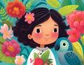 Cute little girl with parrot and flowers. Illustration for children. Generative AI Royalty Free Stock Photo