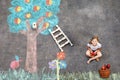 Cute little girl picking apples from apple tree painted with colorful chalks on asphalt. Cute preschool child with Royalty Free Stock Photo