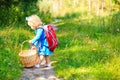 Cute little girl picking mushrooms in forest Royalty Free Stock Photo