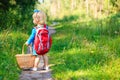 Cute little girl picking mushrooms in summer forest Royalty Free Stock Photo