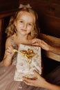 Cute little girl in pink dress with present on background Christmas tree Royalty Free Stock Photo