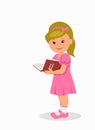 Cute little girl in a pink dress reading a book. character child standing with a book Royalty Free Stock Photo