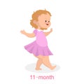 Cute little girl in the pink dress walking. Eleven month