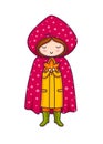 Cute little girl in pink raincoat with polka dots.