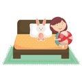 Cute little girl with plastic balloon and rabbit in the bed