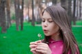 cute little girl play blow on a dandelion in park. Happy kid having fun outdoors. vacation or holidays. Royalty Free Stock Photo