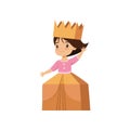 Cute little girl playing as princess, lovely kid in costume made of cardboard boxes vector Illustration on a white