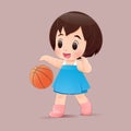 Cute little girl playing basketball in a pink background, A girl in a blue dress bouncing a basketball, Flat character Royalty Free Stock Photo