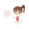 Cute little girl playing beach volleyball. Funny happy summer mascot character Royalty Free Stock Photo