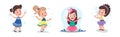 Cute Little Girl Playing and Blowing Soap Bubbles Vector Set Royalty Free Stock Photo