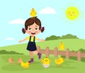 cute little girl playing with chickens on the farm. Vector illustration