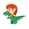 Cute little girl playing with a dinosaur plush toy isolated on white background Royalty Free Stock Photo
