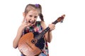 Cute little girl playing on domra. Studio photo