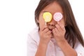 Cute little girl playing, eating sugar jelly sweet candy