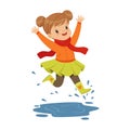 Cute little girl playing on a puddle wearing rubber boots cartoon vector Illustration Royalty Free Stock Photo