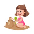 Cute little girl playing with sand on a beach, colorful character Illustration Royalty Free Stock Photo