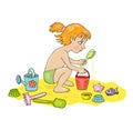 Cute little girl playing sand with toys on the beach or in the sandbox. Vector cartoon illustration, isolated Royalty Free Stock Photo