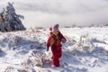 Cute little girl playing on snow day. Christmas vacation. Kid running on winter walk in nature. Royalty Free Stock Photo