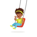 Cute little girl playing swing, kid have a fun on a playground cartoon vector Illustration