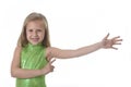 Cute little girl pointing her arm in body parts learning school chart serie