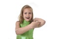 Cute little girl pointing her elbow in body parts learning school chart serie