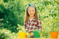 Cute little girl with pot. Happy childhood concept. Small girl enjoy childhood years on farm. Eco living. Child Royalty Free Stock Photo