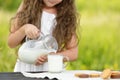 Cute little girl pouring milk in glass having breakfast outdoor summer Royalty Free Stock Photo