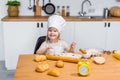 Cute smiling little girl prepare tasty pastry, cookies and buns at home