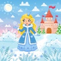 Cute little girl and princess in a blue beautiful dress on a winter background of a castle. Snow lawn. Vector Royalty Free Stock Photo