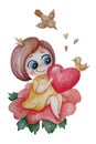 A cute little girl princess with a crown sits on a pink flower with a big heart and a bird in her hands on a white