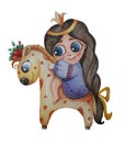 Cute little girl princess on a horse with hearts on a white background. childrens concept. watercolor. hand drawing for