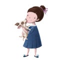 cute little girl with cute puppy clipart, hand drawn children's illustration