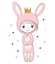 Cute little girl in a rabbit costume. Easter bunny. Little princess in a carnival costume. Doodle vector illustration isolated on Royalty Free Stock Photo