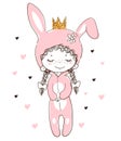 Cute little girl in a rabbit costume. Easter bunny. Little princess with curly hair in a carnival costume. Doodle vector Royalty Free Stock Photo