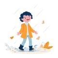 Cute little girl in a raincoat in rubber boots in the rain. Vector illustration in cartoon style.