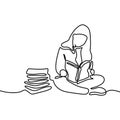 Cute little girl reading book one continuous line drawing study hard during examination