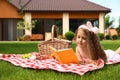 Cute little girl reading book outdoors.  rest Royalty Free Stock Photo