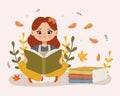 Cute little girl reads a book and books on the background of autumn leaves. Cartoon style. Autumn school print Royalty Free Stock Photo