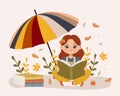 A cute little girl reads a book under an umbrella against the backdrop of autumn leaves. Autumn school print, vector Royalty Free Stock Photo