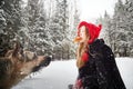 Cute little girl in red cap or hat and black coat with basket of green fir branches treats with a pie of big dog