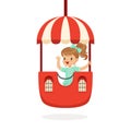 Cute little girl riding a colorful carousel, kid have a fun in amusement park cartoon vector Illustration Royalty Free Stock Photo