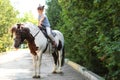 Cute little girl riding pony in park Royalty Free Stock Photo