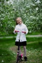 Cute little girl riding a scooter Child on scooter in park. Outdoor activity for children on safe blooming park Royalty Free Stock Photo